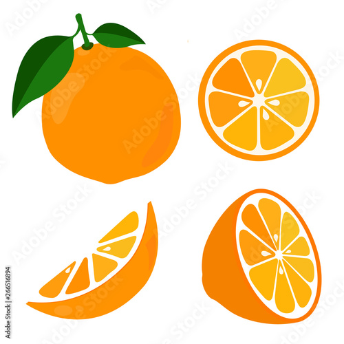 Bright vector set of colorful half, slice and segment of juicy orange.