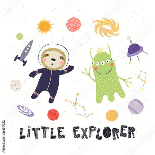 Hand drawn vector illustration of a cute sloth astronaut, alien, in space, with quote Little explorer. Isolated objects on white background. Scandinavian style flat design. Concept for children print.