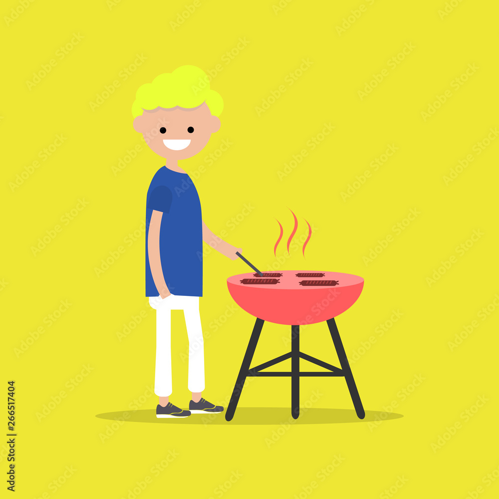 Young character cooking BBQ sausages. Barbecue. Flat cartoon design.clip art Young character cooking BBQ sausages. Barbecue. Flat cartoon design.clip art