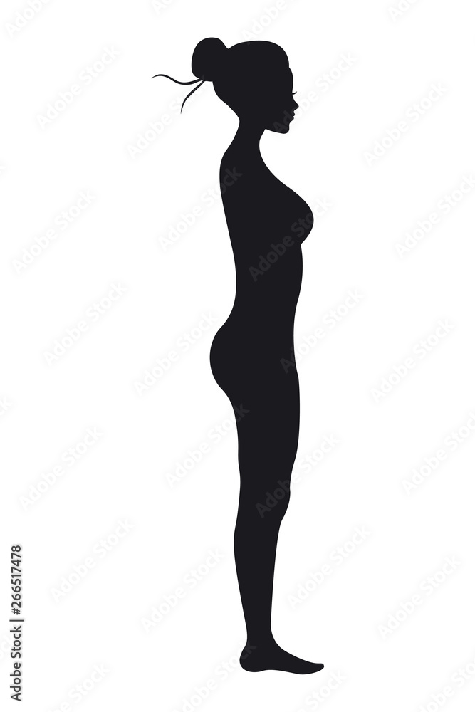 Slim woman, side view, isolated vector silhouette.