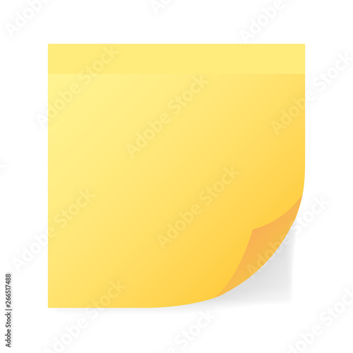 Yellow sticky note with turned up corner isolated on white background.