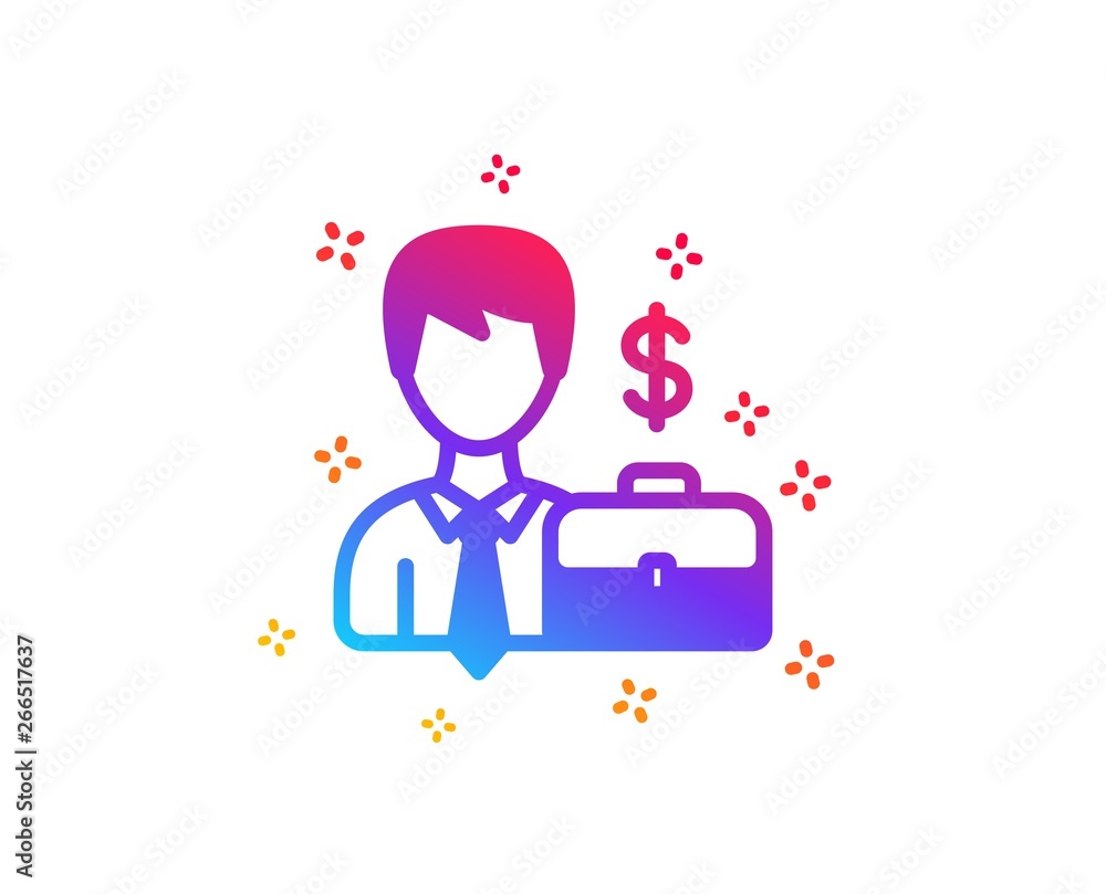 Businessman with Case icon. Diplomat with Dollar sign. Dynamic shapes. Gradient design businessman case icon. Classic style. Vector