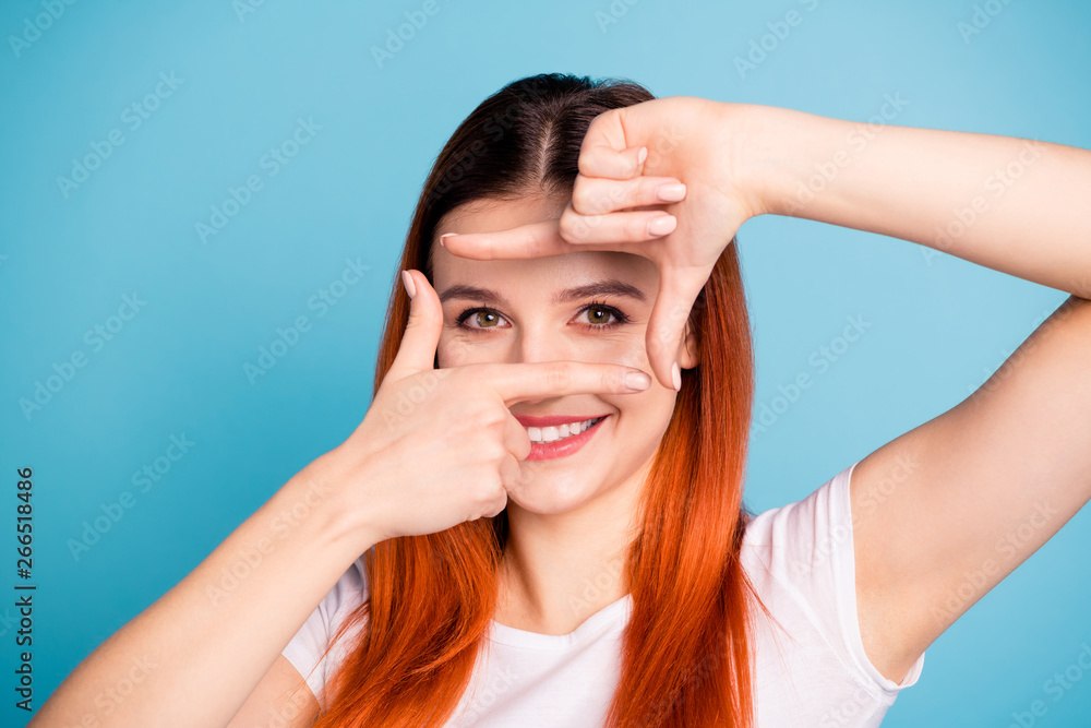 Fototapeta premium Close up photo beautiful dream dreamy people millennial make photo spy carefree childish playful fool satisfied content glad free time weekends holidays modern stylish clothes isolated blue background