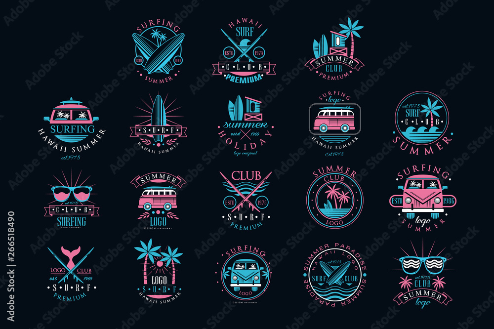 Vector set of vintage logos for surfing club. Creative emblems with  surfboards, sunglasses, vans and palm trees. Hawaii, summer time Stock  Vector | Adobe Stock