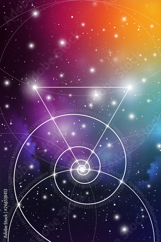 Sacred geometry art with golden ratio numbers, interlocking circles, triangles and squares, flows of energy and particles in front of outer space background. The formula of nature.
