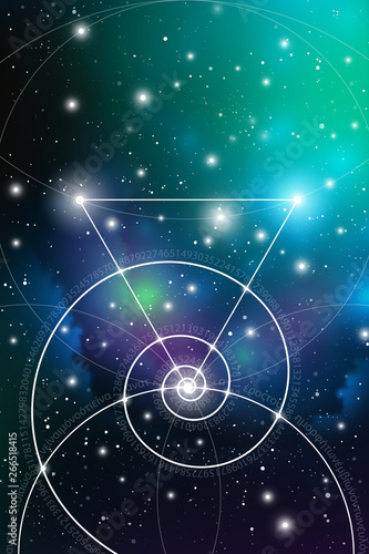 Sacred geometry art with golden ratio numbers, interlocking circles, triangles and squares, flows of energy and particles in front of outer space background. The formula of nature.