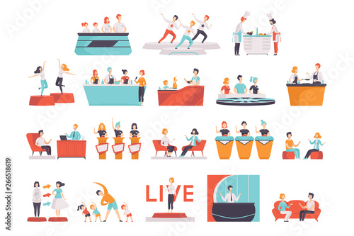 People taking part in a TV show set, TV news, interview, quiz, cooking show vector Illustrations on a white background