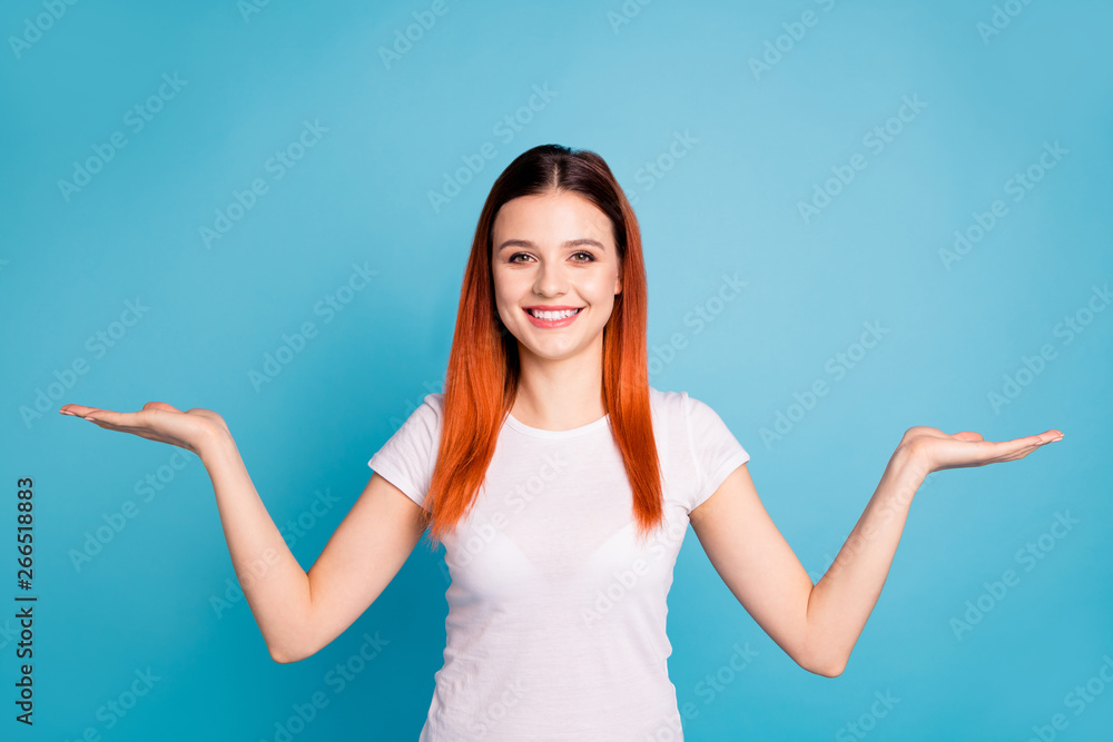 Portrait of cute nice pretty charming lady youngster isolated advise promo choose decide feedback present display notice pick information novelty dressed t-shirt modern blue background Portrait of cute nice pretty charming lady youngster isolated advise promo choose decide feedback present display notice pick information novelty dressed t-shirt modern blue background