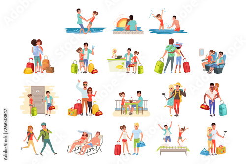 People traveling set, family couple with luggage on vacation vector Illustrations on a white background
