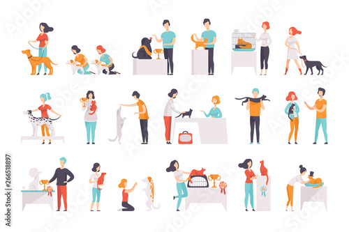 Cat breeds show, owners presenting their pets at show exhibition vector Illustrations on a white background