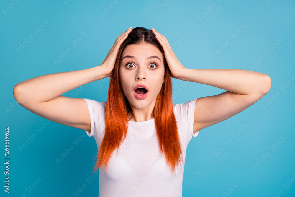 Close-up portrait of her she nice attractive lovely winsome puzzled amazed girl wearing white t-shirt emotion amazement stare eyes isolated on bright vivid shine blue background