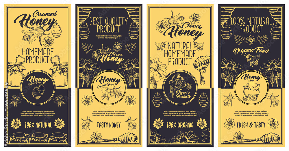 Creamed Honey Bee Brochure and Flyers Concept, Sketch Logo Designs for Packaging with Honeycombs. Vintage Creative Badges and Circle Labels. Yellow and Dark Blue Vector Illustration