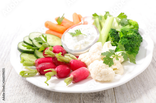 radish,cucumber and carrot with dipping sauce