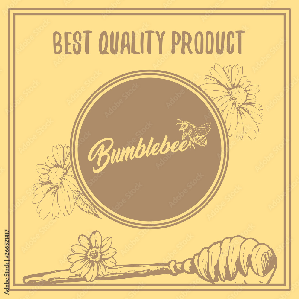Honey Bee Poster Design with Sketch Circle Logo and Honeycomb Elements. Yellow Vintage Hand Drawn Illustration. Handcrafted Lettering. Honey Bee Poster Design with Sketch Circle Logo and Honeycomb Elements. Yellow Vintage Hand Drawn Illustration. Handcrafted Lettering.