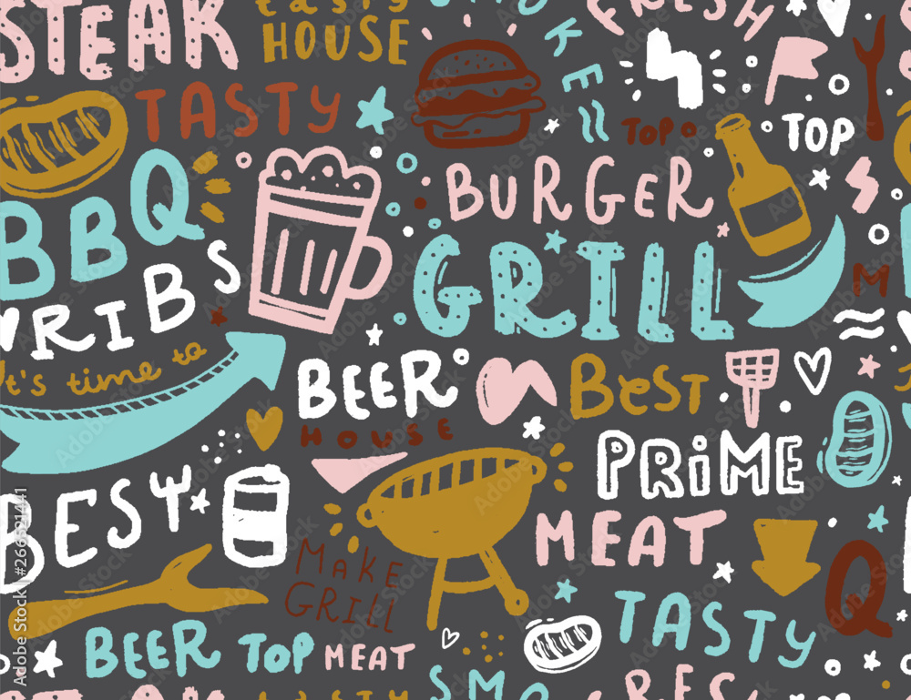 Modern lettering bbq seamless pattern. Barbeque food illustration for ...