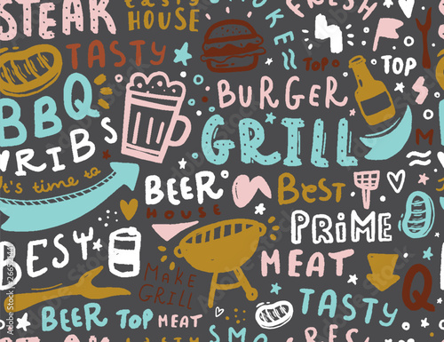 Modern lettering bbq seamless pattern. Barbeque food illustration for menu design