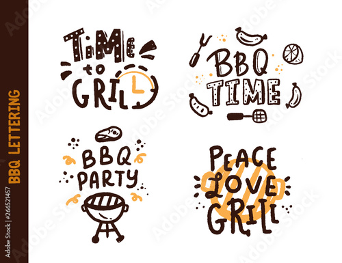 BBQ time set lettering about grill isolated on blackboard. Vector illustration. Barbecue text for poster design