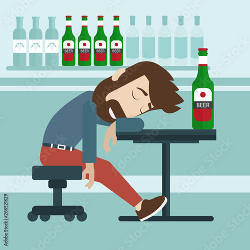 Drunk man fall asleep in the pub. Flat vector illustration
