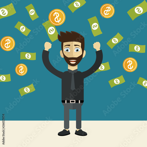 Young happy businessman with a lot of money. Business and financial success concept. Flat vector illustration