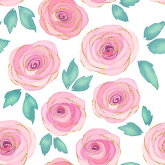Fotobehang Lichtroze patronen Aquarel rozenpatroon romantisch bloemmotief  © natikka