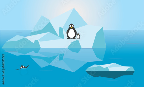 Penguin family on melting ice with on penguin drowning in ocean - Global warming crisis
