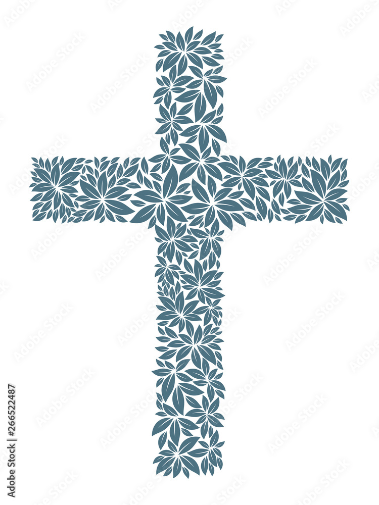 Vector stylized leaves symbol Christian cross. Isolated on white background