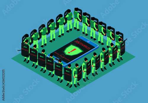 The smartphone is protected by antivirus. Around the smartphone are people in uniform and protect against viruses, in isometric. 