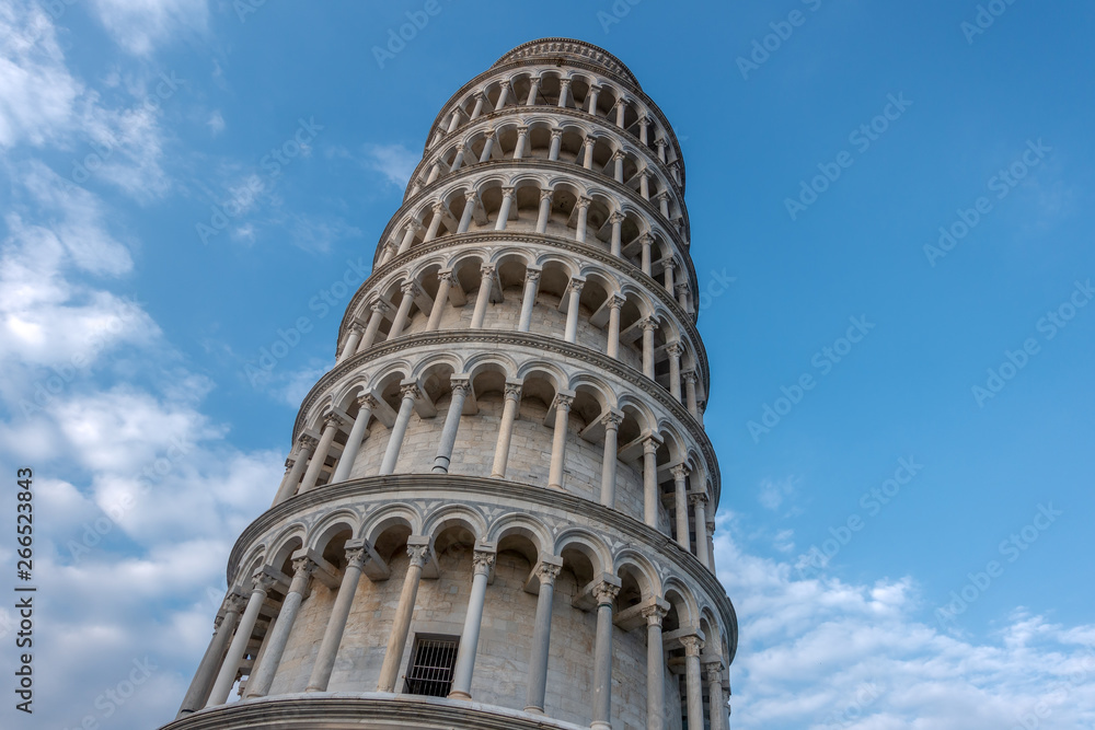 PISA, TUSCANY/ITALY  - APRIL 17 : Exterior view of the Leaning Tower of Pisa Tuscany Italy on April 17, 2019