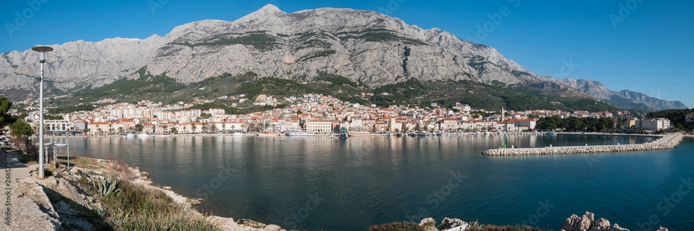 Makarska city panorama from the sea