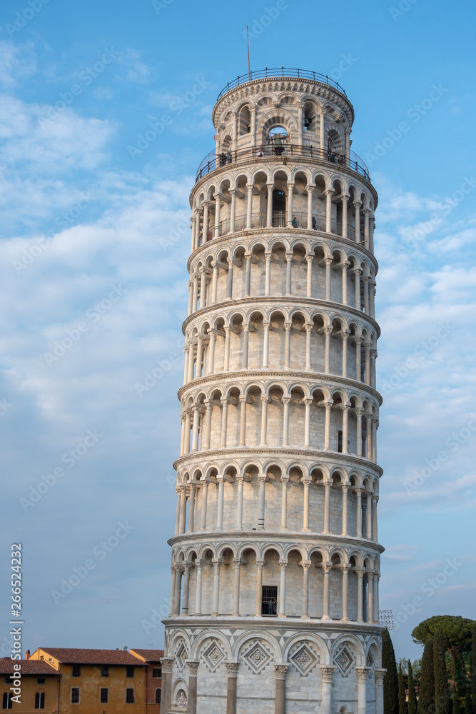 PISA, TUSCANY/ITALY  - APRIL 17 : Exterior view of the Leaning Tower of Pisa Tuscany Italy on April 17, 2019. Unidentified people