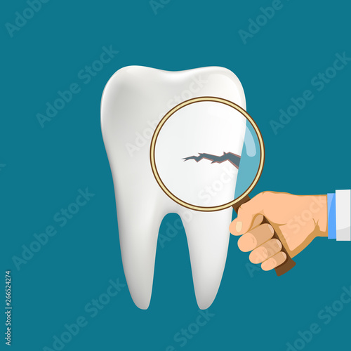 Dentist with a magnifying glass shows a tooth decay