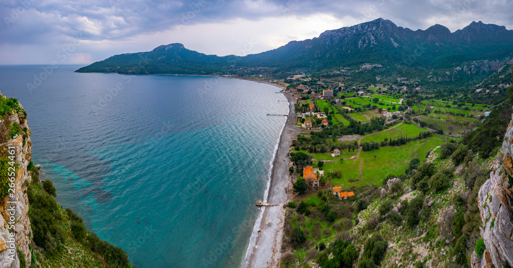 Aerial view from Marmaris, Kumlubuk beach, sea and mountain. Holiday and summer background. Amos Ancient city. Lycian way.