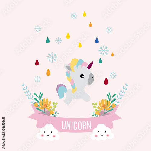 unicorn in rainbow and snow