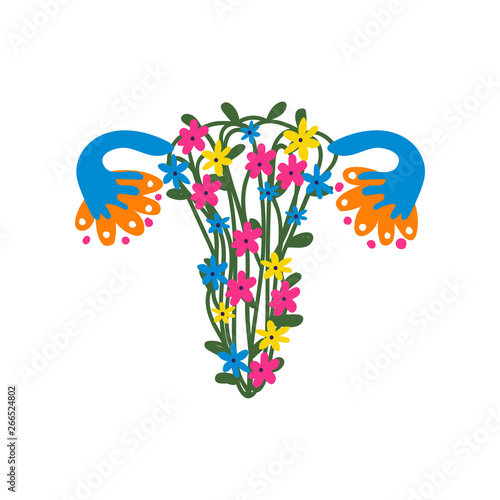 Female Reproductive System Made of Colorful Flowers and Plants Vector Illustration.