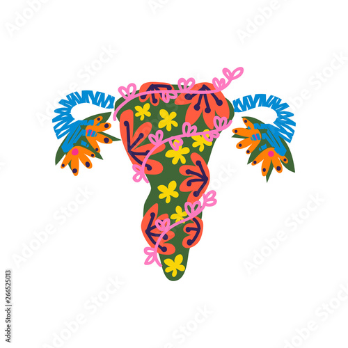 Beauty Female Reproductive System Made of Colorful Flowers and Plants Vector Illustration