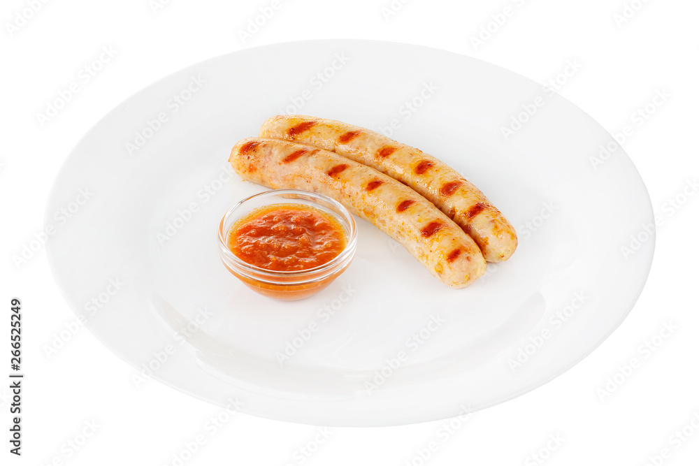 Pork sausages, chicken with tomato sauce isolated Pork sausages, chicken with tomato sauce isolated