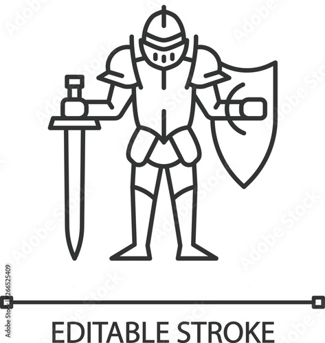 Medieval knight with shield and sword linear icon
