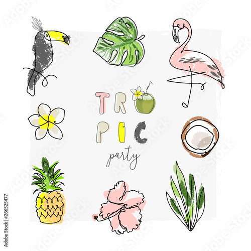  Summer cartoon doodle hand drawn tropical vector elements