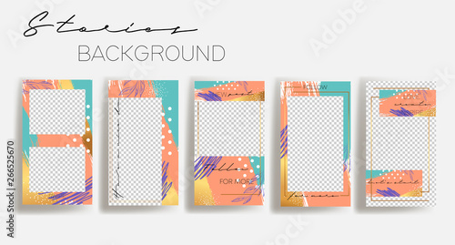  Design backgrounds for social media banner.Set of instagram stories frame templates.Vector cover. Mockup for personal blog or shop.Layout for promotion.