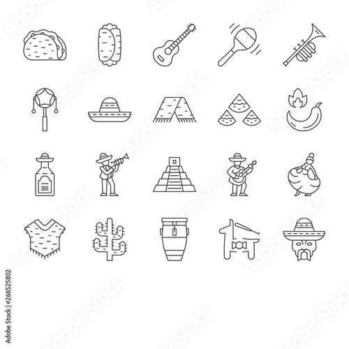Mexican culture linear icons set