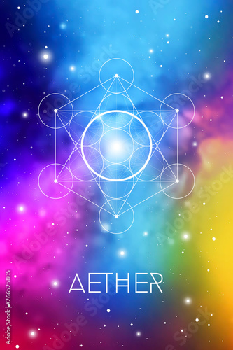 Spirit element symbol inside Metatron Cube and Flower of Life in front of outer space cosmic background. Aether sacred geometry magic sign futuristic vector design.