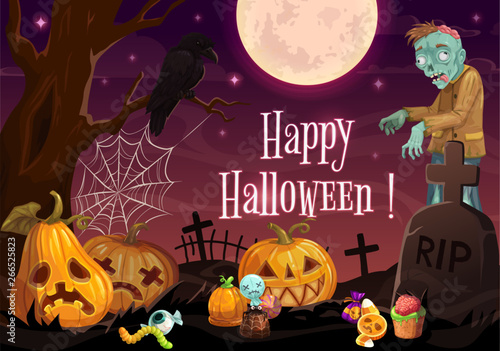 Halloween horror zombie and pumpkins at cemetery