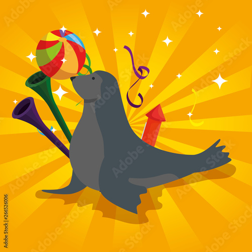 seal wild animal with trumpets and ball
