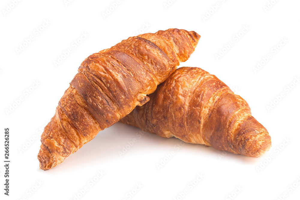 Photo of fresh golden croissants covered sunflower seeds and sesame isolated on white background. Photo of fresh golden croissants covered sunflower seeds and sesame isolated on white background.