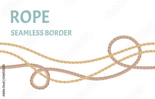 Rope, string seamless border. Thread, nautical cord isolated on white background. Vector illustration of jute in cartoon simple flat style. 