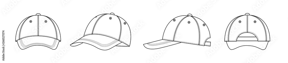 Front, back, side fashion illustration of baseball cap / hat - obrazy, fototapety, plakaty 