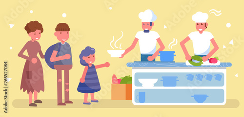 Distribution of food. Charity Vector. Cartoon. Isolated art