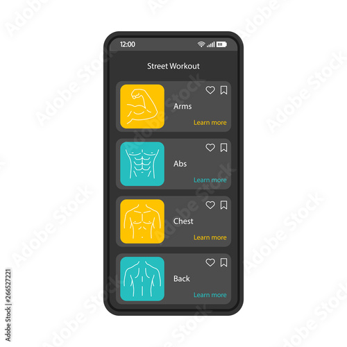 Street workout app smartphone interface vector template