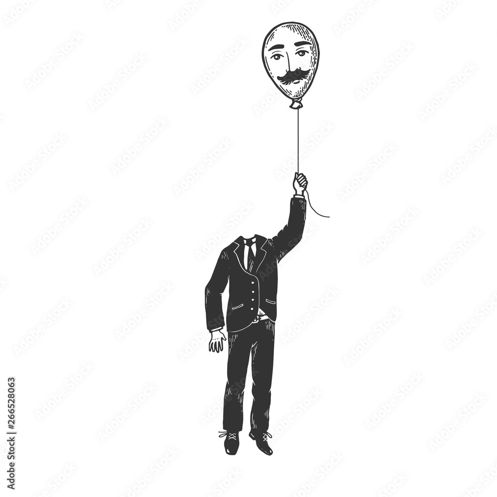 Gentleman with air balloon head sketch engraving vector illustration. Scratch board style imitation. Hand drawn image.