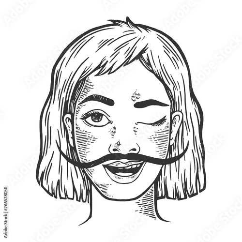 Happy young winking woman with long mustache sketch engraving vector illustration. Scratch board style imitation. Hand drawn image.